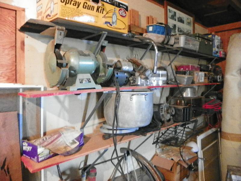 lot 157 image: Contents of shelves, bench grinder, tools and other misc