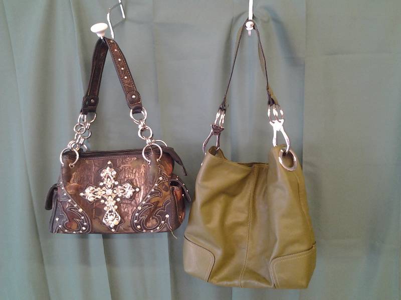 Camo-Bling Handbag & Green Handbag With Large Hardware