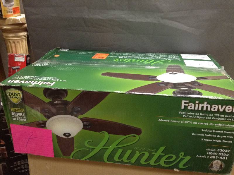 lot 7 image: Hunter Fairhaven 52 in. Antique Pewter Indoor Ceiling Fan with Light Kit 53031 never used
