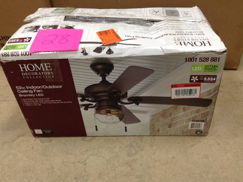 lot 28 image: Home Decorators 52 in IndoorOutdoor Ceiling Fan Bromley LED never used