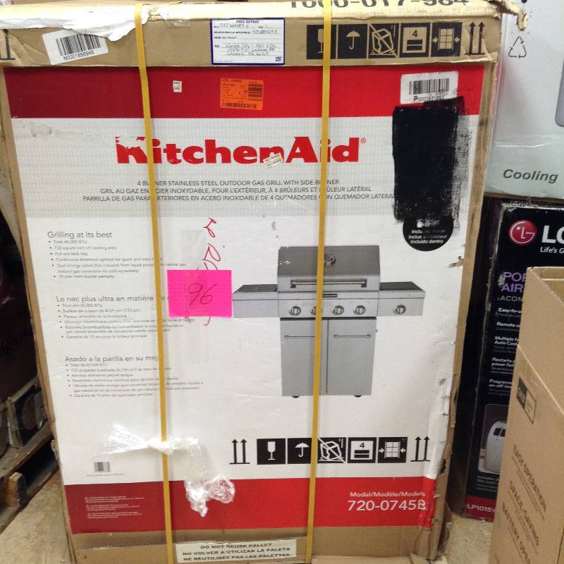 lot 96 image: Kitchen Aid 720-0745B 4 4-Burner Propane Gas Grill in Stainless Steel with Side Burner and Grill Cover