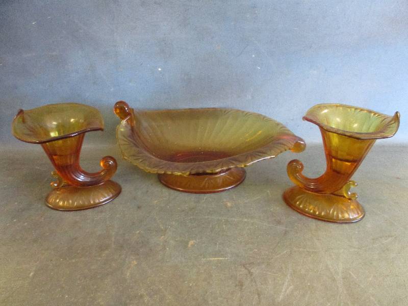 Amber Glass Candle Holders and Center Piece Bowl