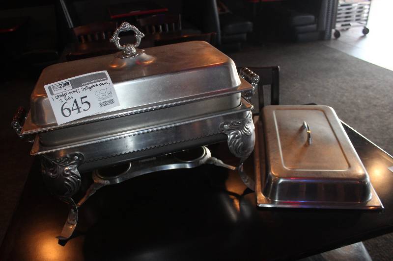 lot 645 image: Lot of (5) Commercial Stainless Steel Kitchenware Includes 1) Chafer Tray, 2) Lids, 2) 8-Quart Pans