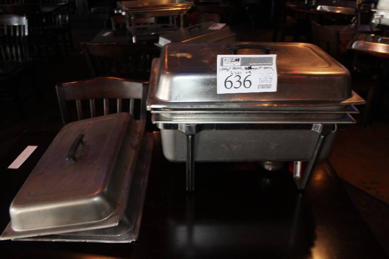 lot 636 image: Lot of (7) Commercial Stainless Steel Kitchenware Includes 1) Chafer Stand, 3) Lids, 3) 8-Quart Pans