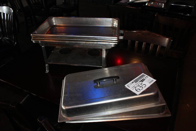 lot 635 image: Lot of (7) Commercial Stainless Steel Kitchenware Includes 1) Chafer Stand, 2) Lids, 4) 4-Quart Pans