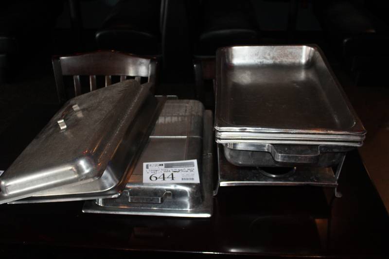 lot 644 image: Lot of (8) Commercial Stainless Steel Kitchenware Includes 1) Chafer Tray, 2) Lids, 1) Half-Hinge Lid, 4) 4-Quart Pans