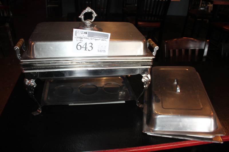 lot 643 image: Lot of (9) Commercial Stainless Steel Kitchenware Includes 1) Chafer Tray, 3) Lids, 5) 4-Quart Pans