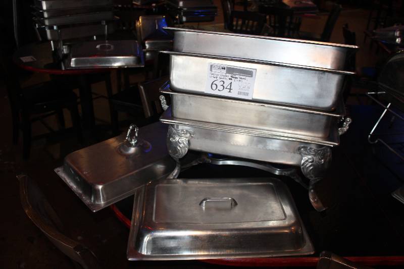 lot 634 image: Lot of (7) Commercial Stainless Steel Kitchenware Includes 1) Deluxe Chafer Stand, 2) Lids, 4) 16-Quart Pans