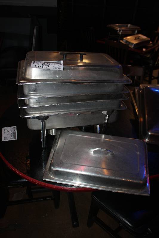 lot 642 image: Lot of (9) Commercial Stainless Steel Kitchenware Includes 1) Chafer Tray, 3) Lids, 1) 8-Quart Steamer Pan, 4) 8-Quart Pans
