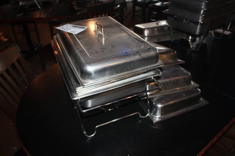 lot 641 image: Lot of (8) Commercial Stainless Steel Kitchenware Includes 1) Chafer Tray, 3) Lids, 3) 8-Quart Pan, 1) 4-Quart Pans