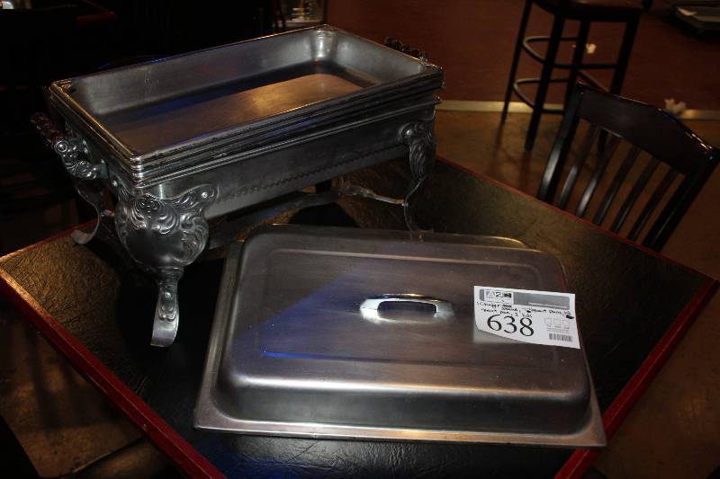 lot 638 image: Lot of (8) Commercial Stainless Steel Kitchenware Includes 1) Chafer Stand, 2) Lids, 1) 8-Quart Pan, 4) 4-Quart Pans