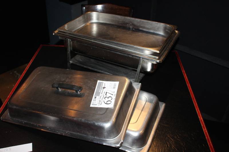lot 637 image: Lot of (6) Commercial Stainless Steel Kitchenware Includes 1) Chafer Tray Stand, 2) Lids, 1) 8-Quart Pan, 2) 4-Quart Pans
