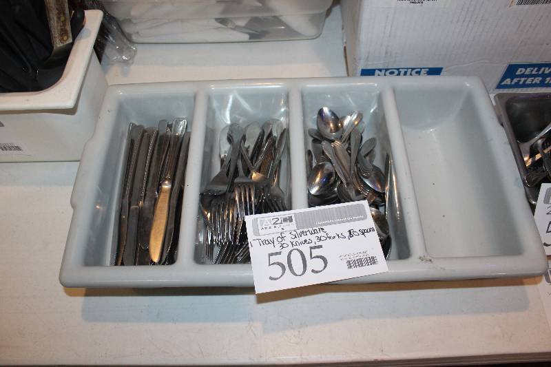 lot 505 image: Lot of (110) Silverware Flatware in Tray Includes 30) Knives, 30) Forks, 50) Spoons