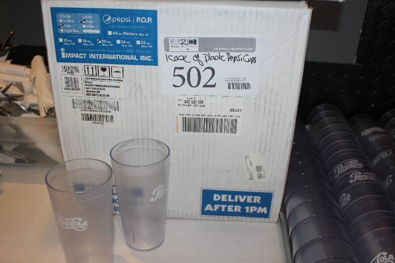 lot 502 image: Lot of (1) Box of Pepsi Clear Plastic 20oz. Tumblers