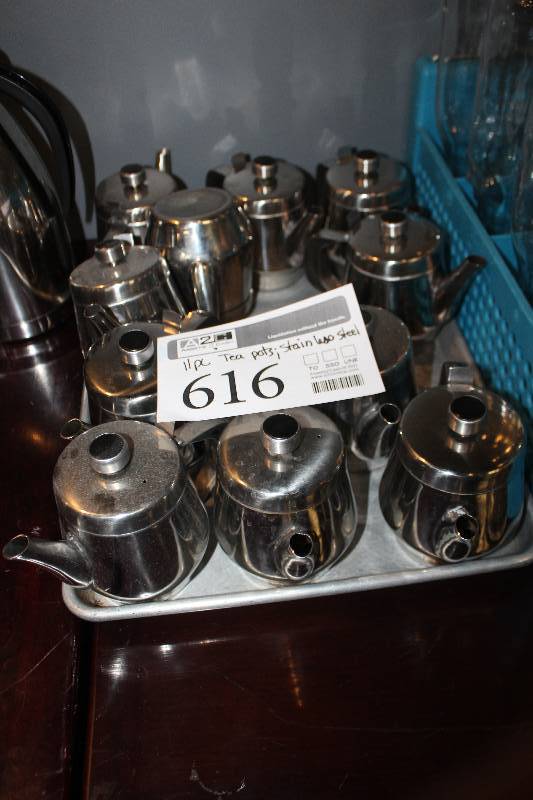 lot 616 image: Lot of (11) Stainless Steel Tea Pots
