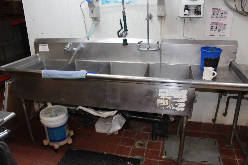 lot 160 image: NSF Commercial Stainless Steel 4-Basin Sink w Fixtures