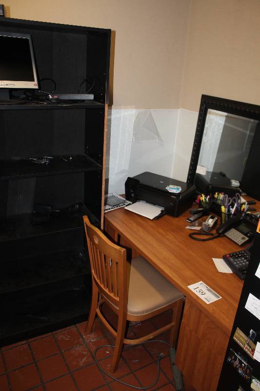 lot 159 image: Wood Office Desk, Chair, Mirror, 4-Shelf Bookcase, HP Photosmart Printer