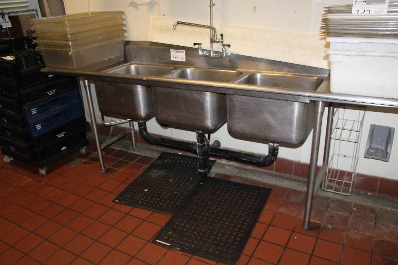 lot 144 image: NSF Commercial Stainless Steel 3-Basin Sink w Fixtures