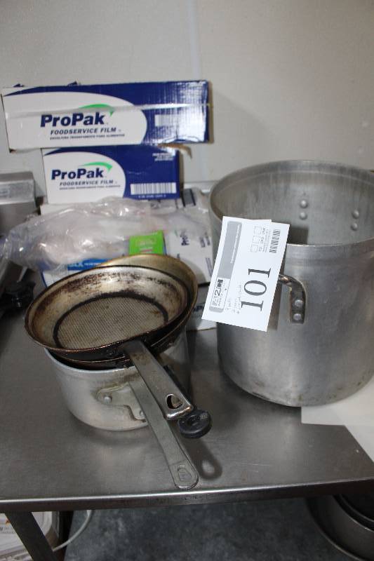 lot 101 image: Lot of (7) Kitchenware Includes 4) Pots, 2) Pans, 1) Pro Pak Plastic Wrap