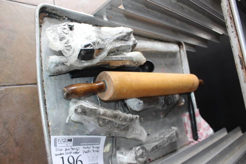 lot 196 image: Pizza Pan Tongs, Metal Tongs, Wood Rolling Pin, Plastic Tongs