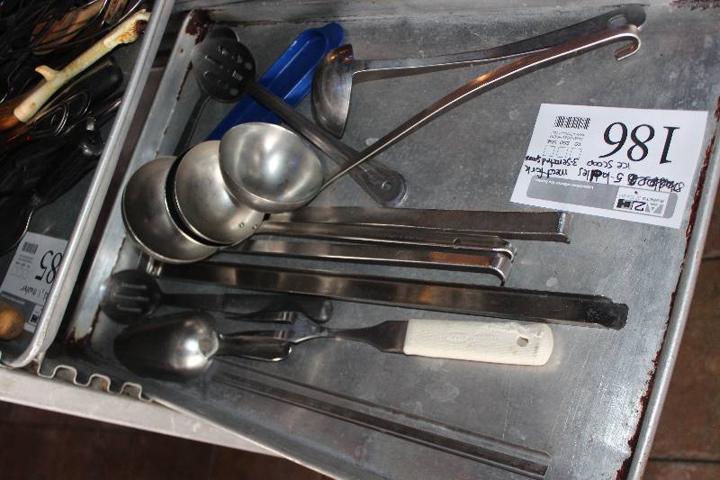 lot 186 image: Lot of (10) Kitchenwares Includes 5) Ladels, 1) Ice Cream Scoops, 3) Serated Spoons, 1) Meat Fork