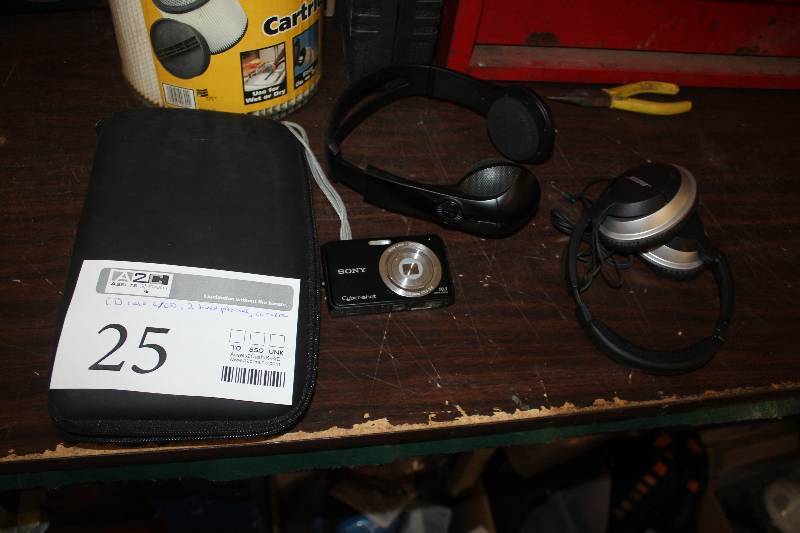 CD Case w CD, 2-Bose Headphones, Sony Cyber-shot Camera