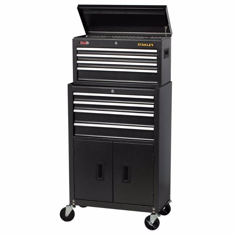 lot 20 image: Stanley 24 in. W 8-Drawer Tool Chest and Cabinet Combo, Dark Gray