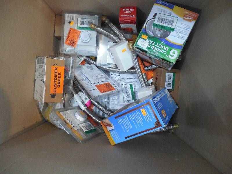 lot 42 image: ASSORTED BOX LOT, THERMOSTATS. PLUMBING & MORE