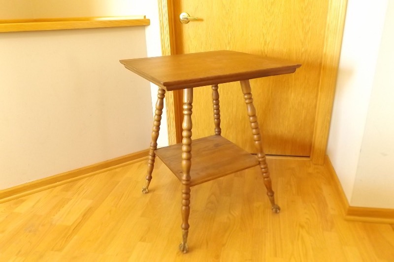 lot 2 image: Antique Solid Turned Wood Table with Iron Glass Ball Claw Feet