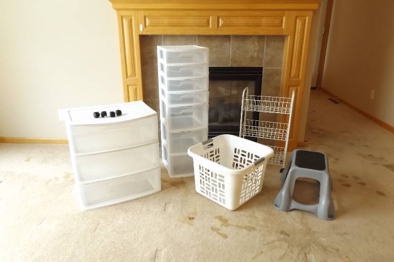 lot 57 image: Lot of Plastic etc. Storage Bins, and Stool