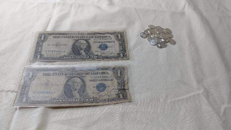 2 - 1935D Dollar Silver Certificates and 30 1g silver coins