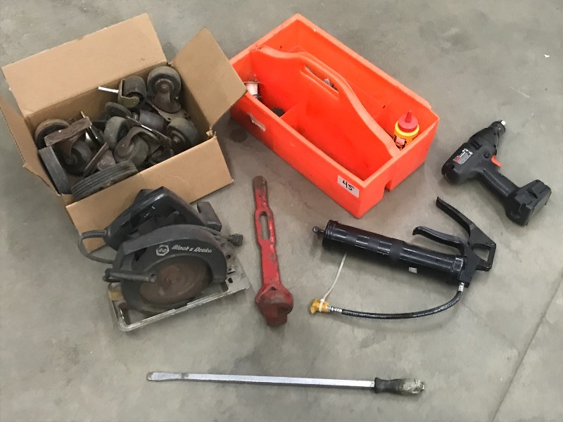 lot 45 image: Lot Of Plastic Tool Tote, Grease G...