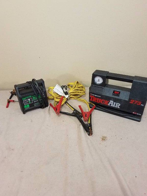 lot 45 image: Battery Charger, Jumper Cables and Car Air Compressor