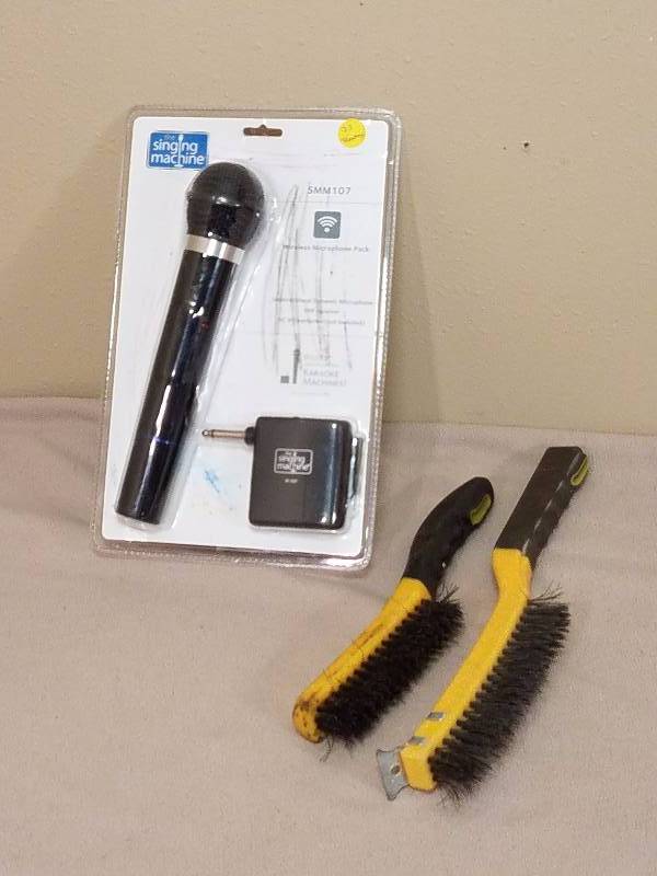 lot 107 image: Wireless Mic Pack and Two Steel Brushes