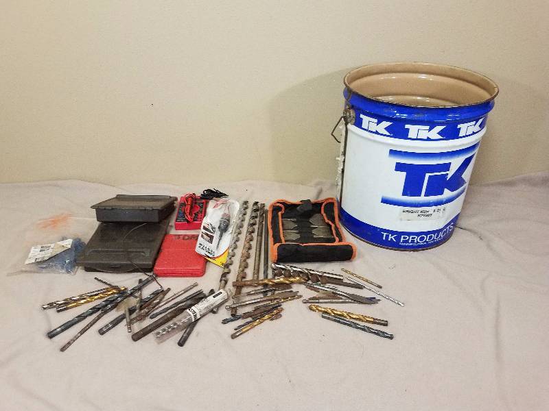 lot 144 image: Metal 5 Gallon Bucket of Drill Bits