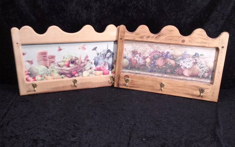 Pair Wood Framed Decortive CoatHat Hangers