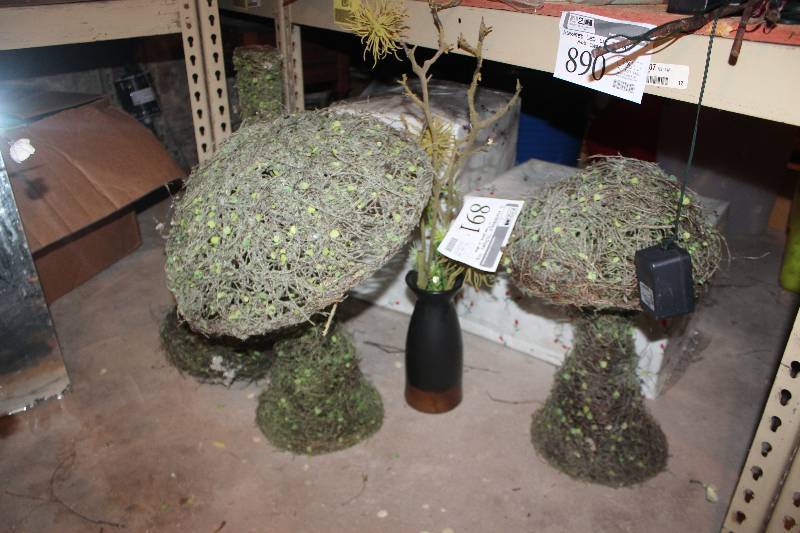 lot 891 image: Lot of (3) Mushroom Topiary w Floral in Vase