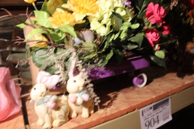 lot 904 image: Bunny Figurines, Small Purple Wagon, Spring Floral Arrangement
