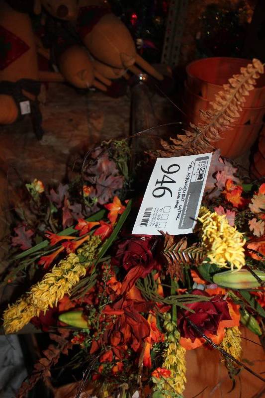 lot 946 image: Fall Arrangement w Tall Glass Vase