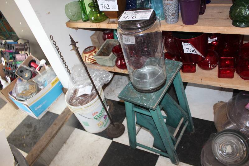 lot 976 image: 5-Gallon Bucket Orchid Potting Mix, Wooden Step Stool, Large Glass Jar