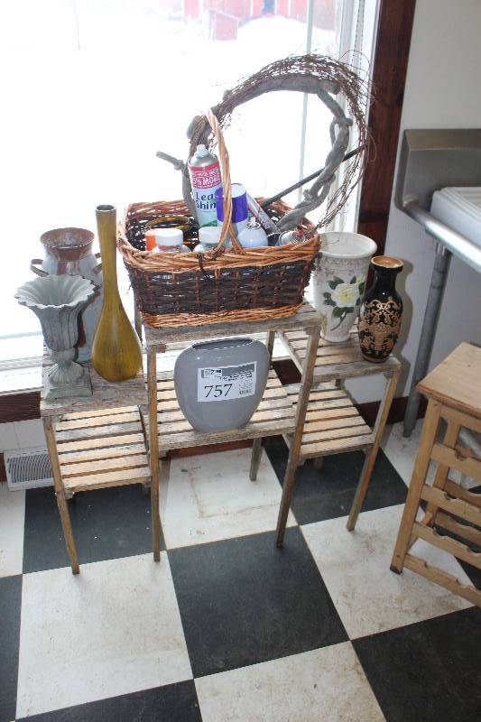 lot 757 image: Plant Stand w Vases, Baskets of Misc Items