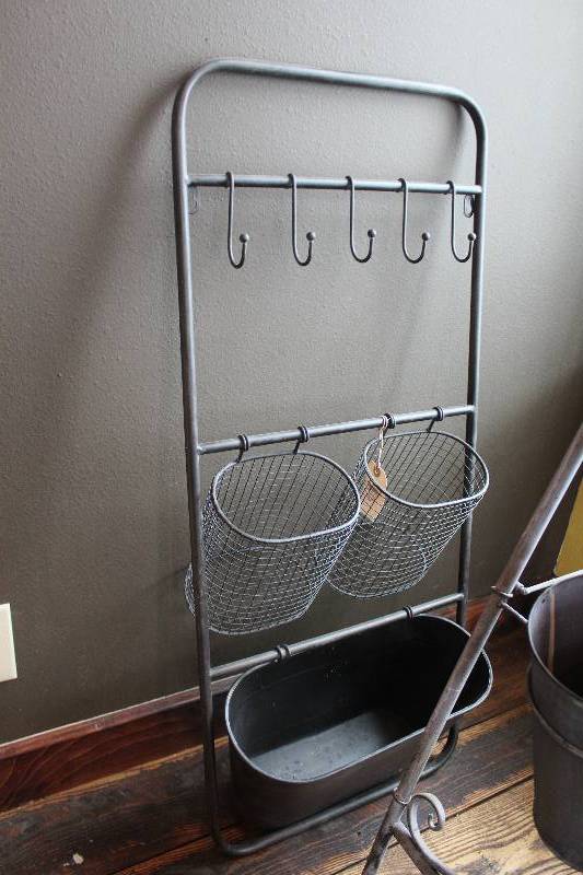 lot 707 image: Metal Wall Plant Stand w Hooks, Buckets