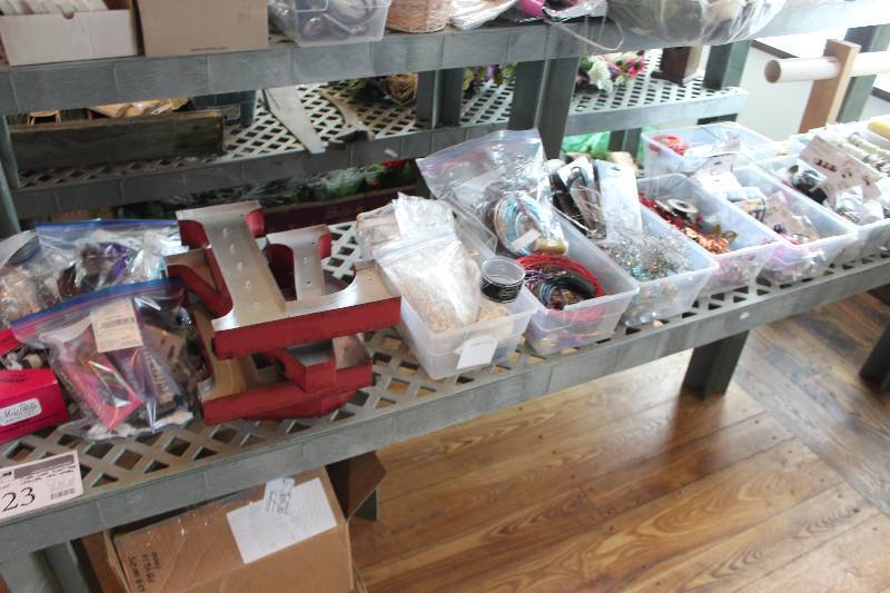 lot 723 image: Shelf Lot Includes Floral Wire, Plant Tags, Wristlets, Metal Letters