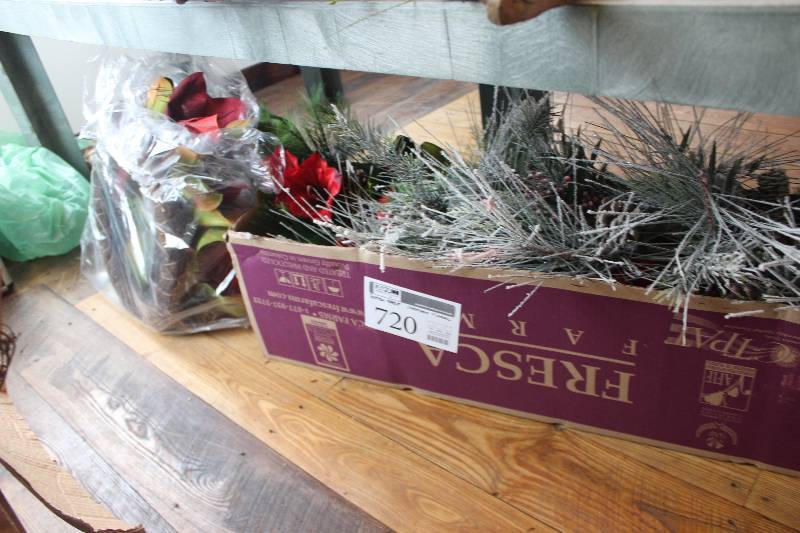 lot 720 image: Shelf Lot Includes Christmas Decorations, Floral Bottom Shelf