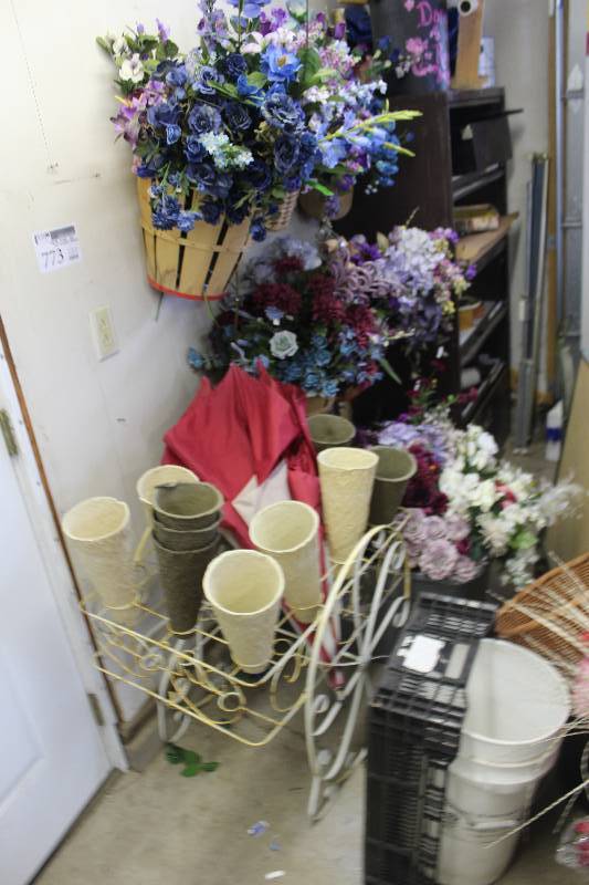 lot 773 image: Metal Flower Cart, Silk Flowers, Baskets