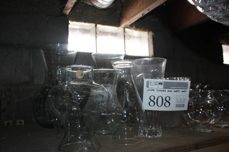 lot 808 image: Lot of (10) Glass Shades & Assorted Vases