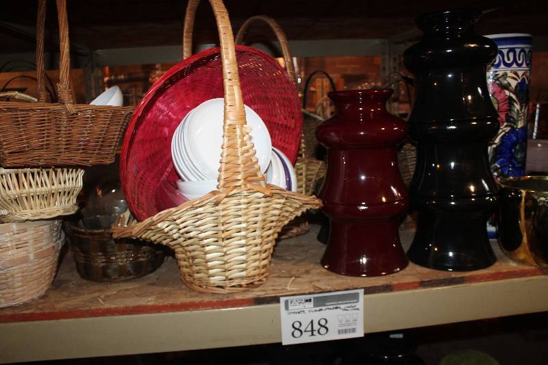 lot 848 image: Wicker Baskets, Floral Holders, Large Vase