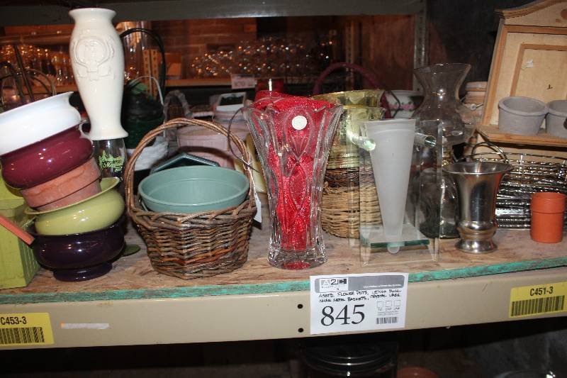 lot 845 image: Assorted Flower Pots, Lenox Full Crystal Vase, Small Metal Baskets