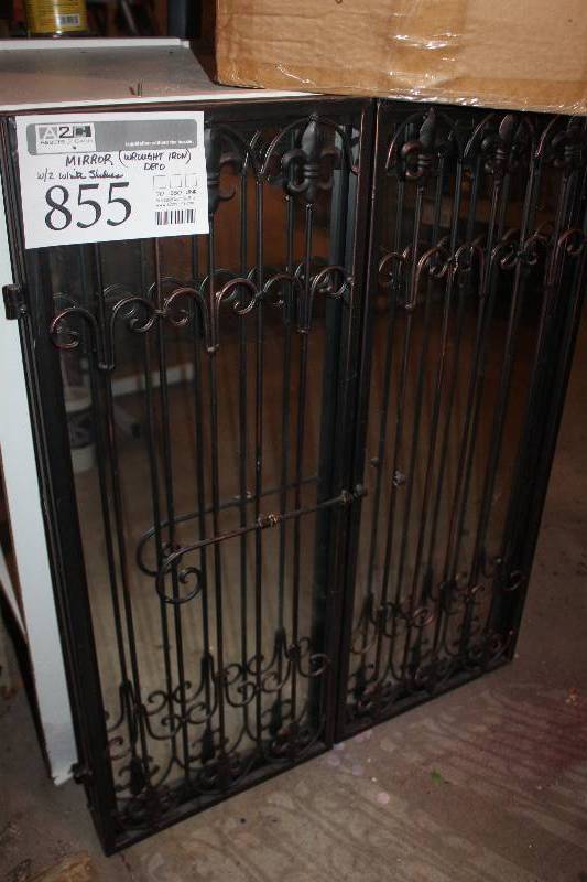 lot 855 image: Wrought Iron Deco Wall Mirror w 2 White Shelves