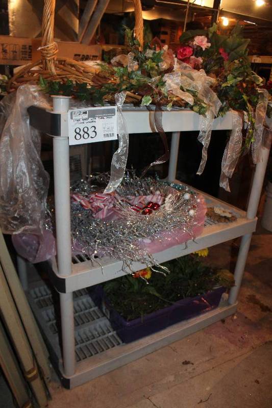 lot 883 image: 3-Tier Shelf w Floral Decorations & Wreaths